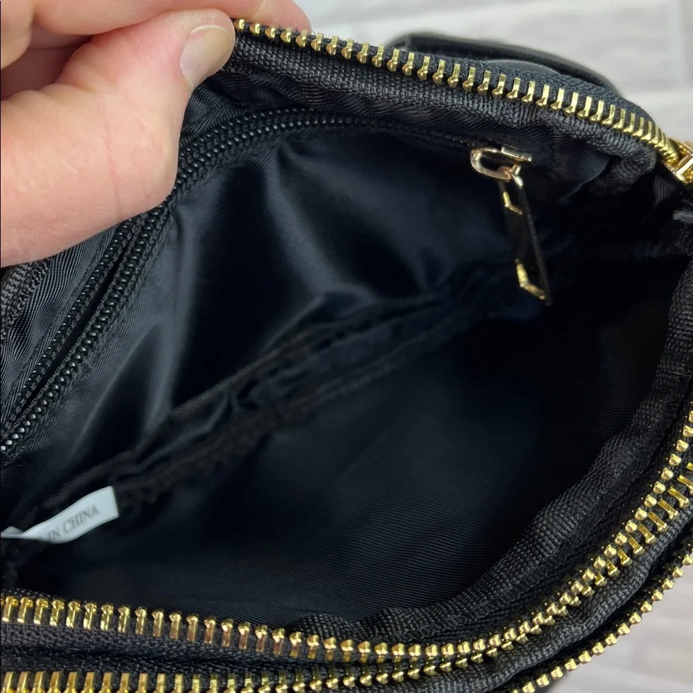 Unbranded Triple Zipper Quilted Vegan Faux Leather Black Belt Bag Fanny Pack